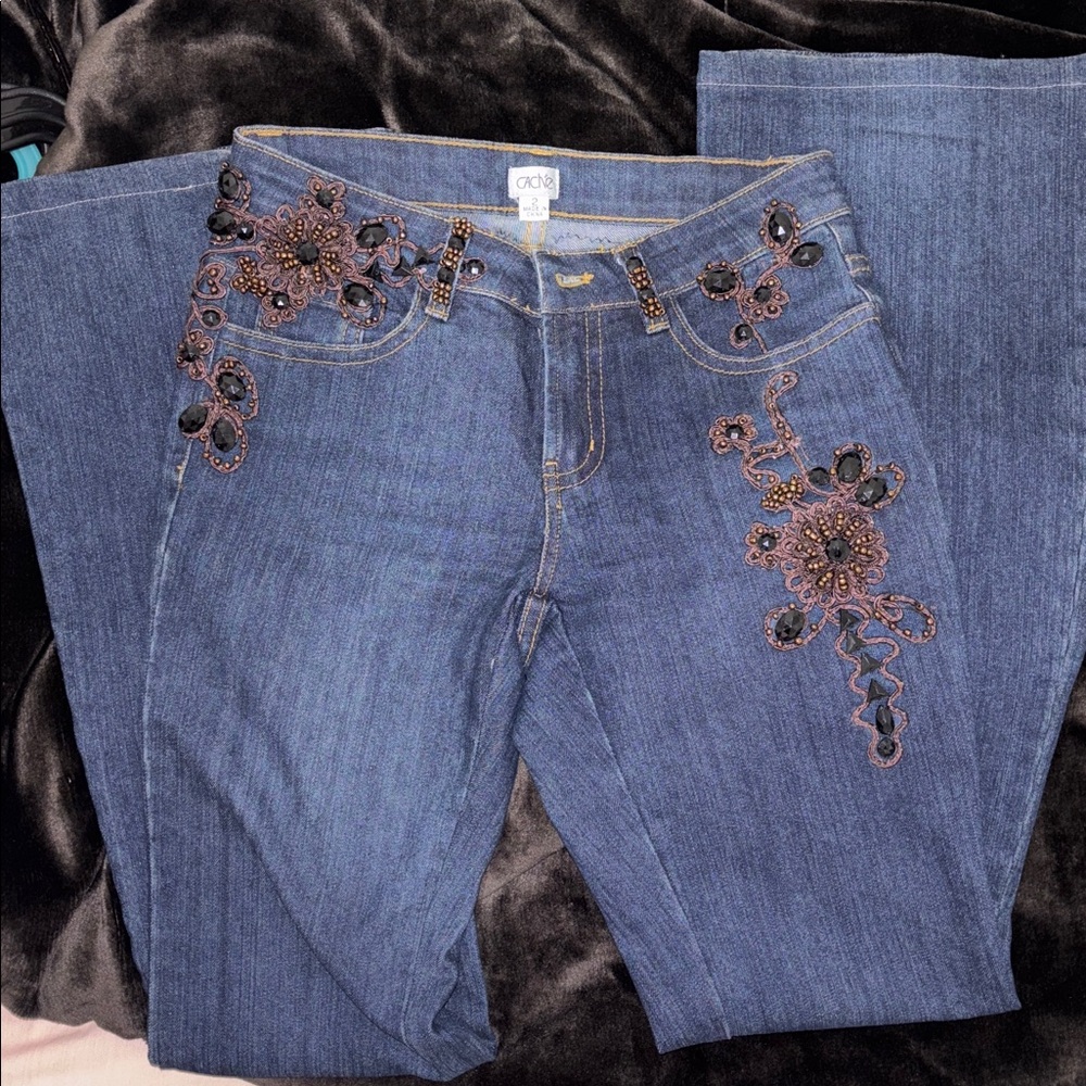Cache Dark Blue Boot Cut Jeans with Brown Embroidery